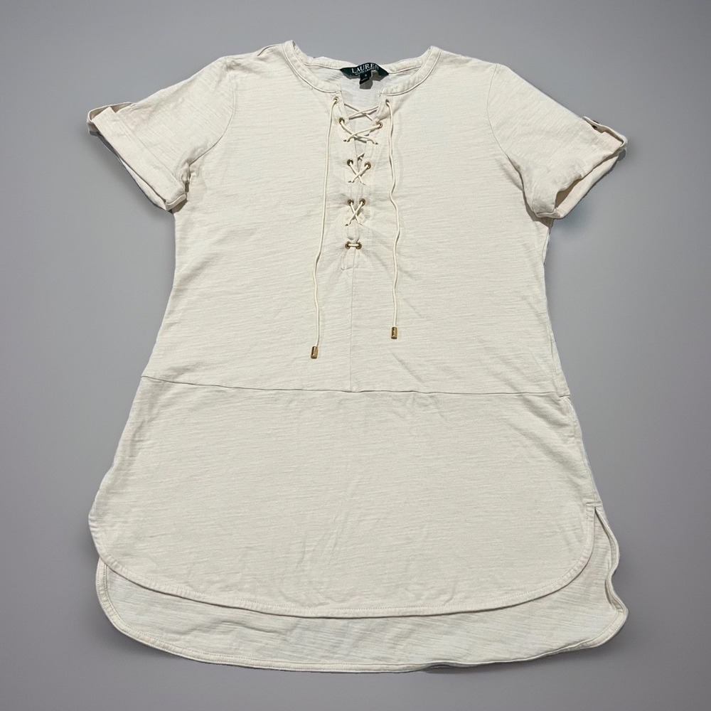 Lauren Ralph Lauren Womens Cream Hi-Low Hem Modern Comfort Lace Up Top Size S